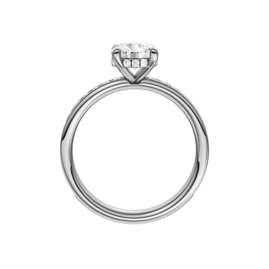A profile view of the Round cut diamond engagement ring in platinum with a diamond channel band and cathedral setting