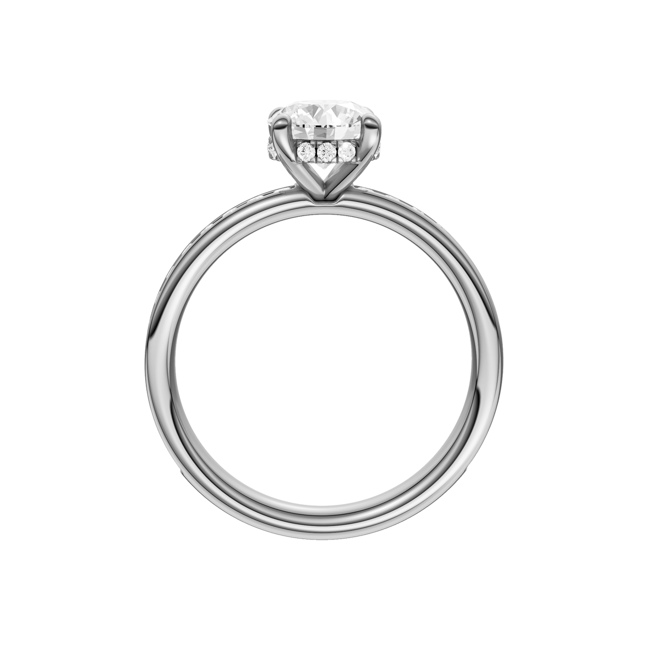 A profile view of the Round cut diamond engagement ring in platinum with a diamond channel band and cathedral setting