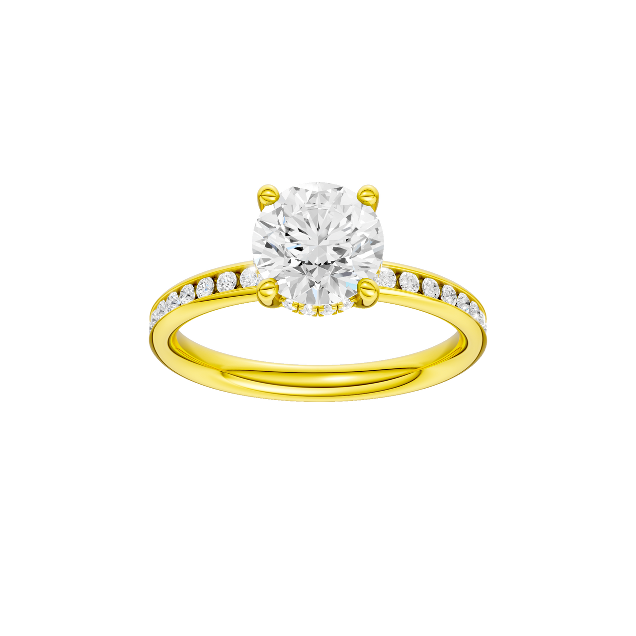 A front view of the Round cut diamond engagement ring in 14k yellow gold with a diamond channel band and cathedral setting