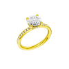 A three-quarter view of the Round cut diamond engagement ring in 14k yellow gold with a diamond channel band and cathedral setting