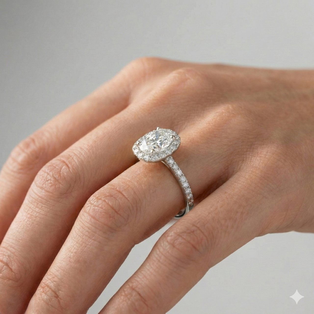 14K white gold oval halo engagement ring worn on hand showing oval center diamond, halo and channel set band.