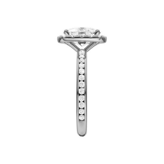 14K white gold oval halo engagement ring side view detailing cathedral structure, oval center stone and channel set diamond band.