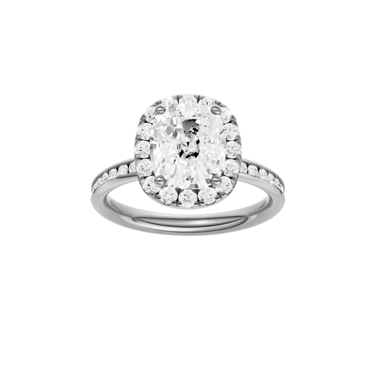 Platinum oval halo engagement ring featuring a brilliant oval center diamond surrounded by a round diamond halo with a channel set diamond band and cathedral setting, front view.