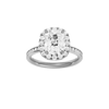 Platinum oval halo engagement ring featuring a brilliant oval center diamond surrounded by a round diamond halo with a channel set diamond band and cathedral setting, front view.