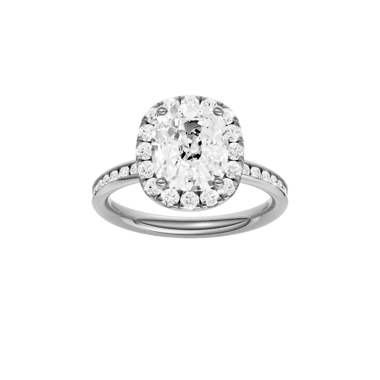 Platinum oval halo engagement ring featuring a brilliant oval center diamond surrounded by a round diamond halo with a channel set diamond band and cathedral setting, front view.