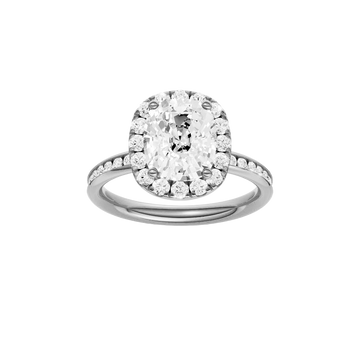 Platinum oval halo engagement ring featuring a brilliant oval center diamond surrounded by a round diamond halo with a channel set diamond band and cathedral setting, front view.