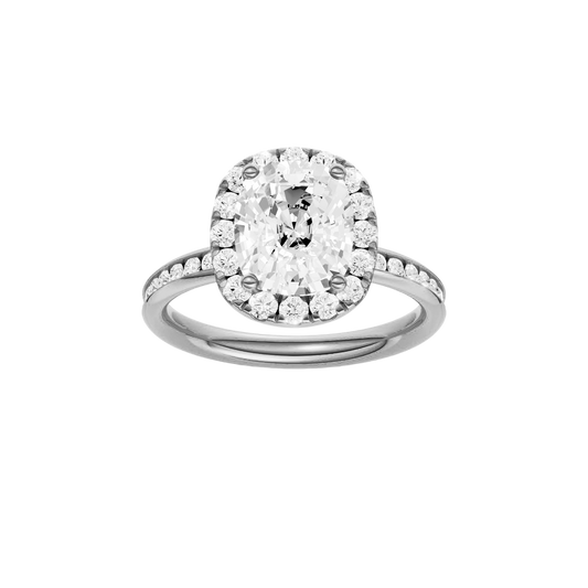 Platinum oval halo engagement ring featuring a brilliant oval center diamond surrounded by a round diamond halo with a channel set diamond band and cathedral setting, front view.