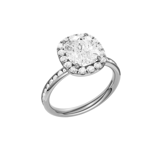 14K white gold oval halo engagement ring angled view showcasing oval center diamond, halo detail and channel set diamond band.