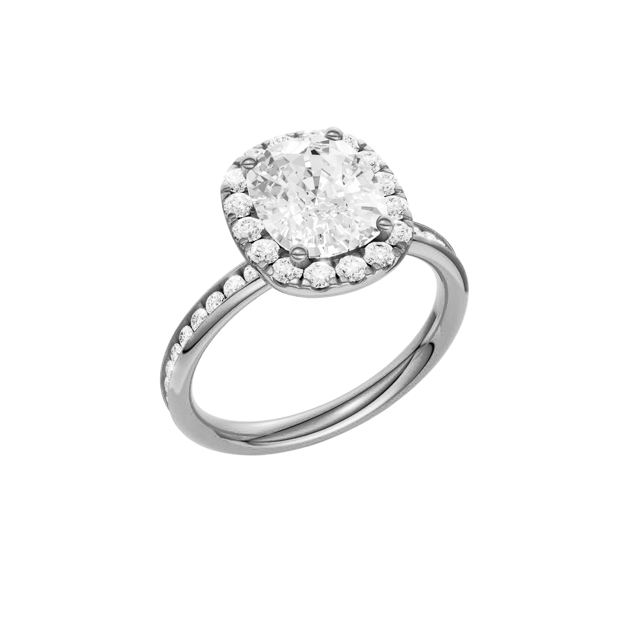 Platinum oval halo engagement ring shown at an angled three quarter view highlighting the oval center diamond, diamond halo, channel set band and cathedral profile.