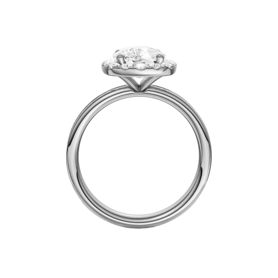 14K white gold oval halo engagement ring full band view with diamond channel band and elevated halo center.