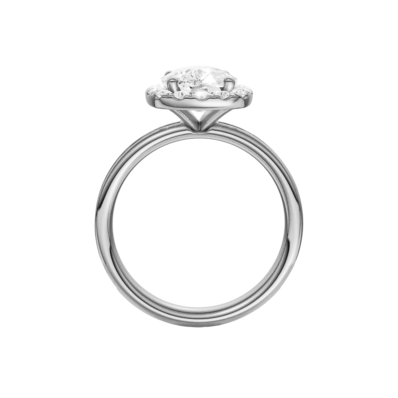 14K white gold oval halo engagement ring full band view with diamond channel band and elevated halo center.