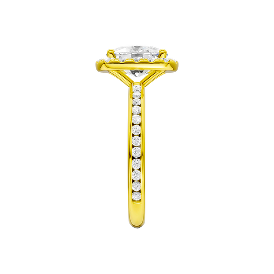 14K yellow gold oval halo engagement ring side profile highlighting cathedral setting, halo structure and diamond channel band.