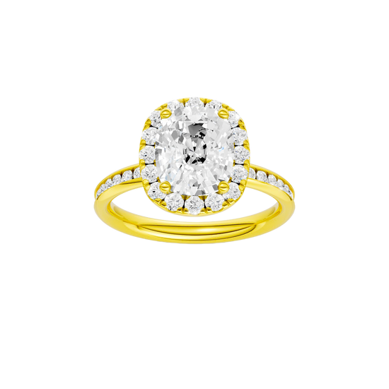 14K yellow gold oval halo engagement ring with oval center diamond, round halo, channel set diamond band and cathedral setting, front view.