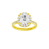 14K yellow gold oval halo engagement ring with oval center diamond, round halo, channel set diamond band and cathedral setting, front view.