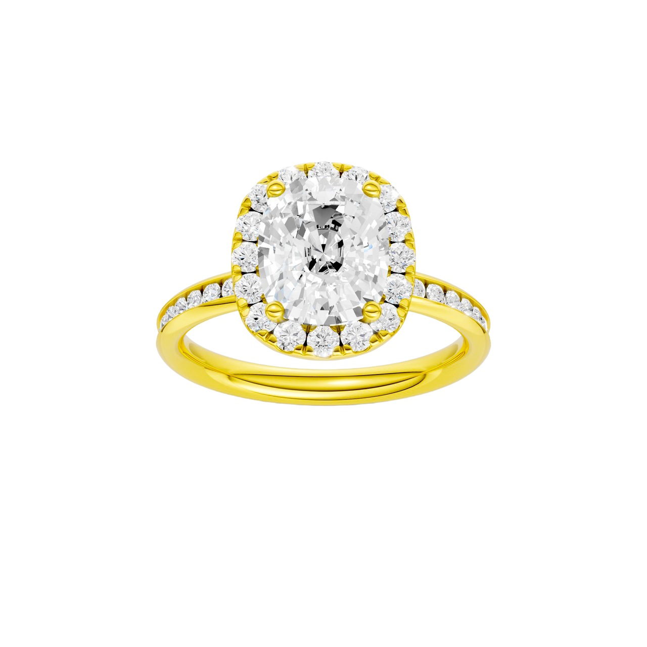 14K yellow gold oval halo engagement ring with oval center diamond, round halo, channel set diamond band and cathedral setting, front view.
