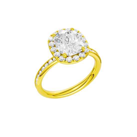 14K yellow gold oval halo engagement ring angled view showing oval center diamond, halo sparkle and channel set band.