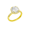 14K yellow gold oval halo engagement ring angled view showing oval center diamond, halo sparkle and channel set band.