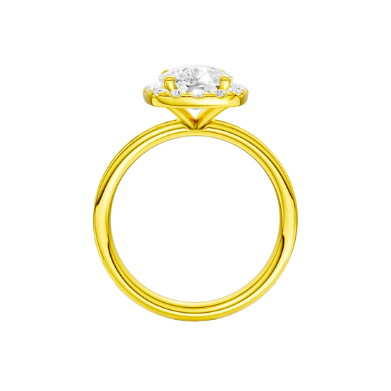 14K yellow gold oval halo engagement ring full band profile featuring oval halo center and channel set diamond band.