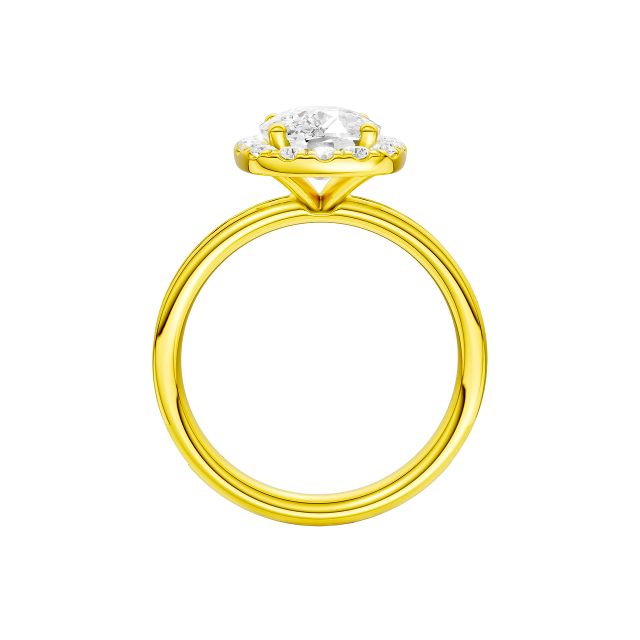 14K yellow gold oval halo engagement ring full band profile featuring oval halo center and channel set diamond band.