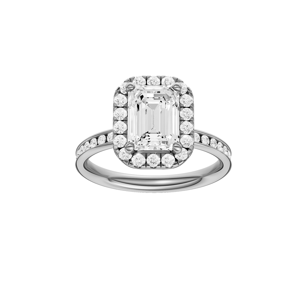 Platinum emerald cut halo engagement ring featuring an emerald center diamond surrounded by a round diamond halo with a channel set diamond band and cathedral setting, front view.