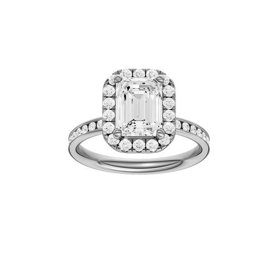 14K white gold emerald cut halo engagement ring with emerald center diamond, round halo and channel set diamond band, front view.