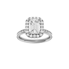 14K white gold emerald cut halo engagement ring with emerald center diamond, round halo and channel set diamond band, front view.