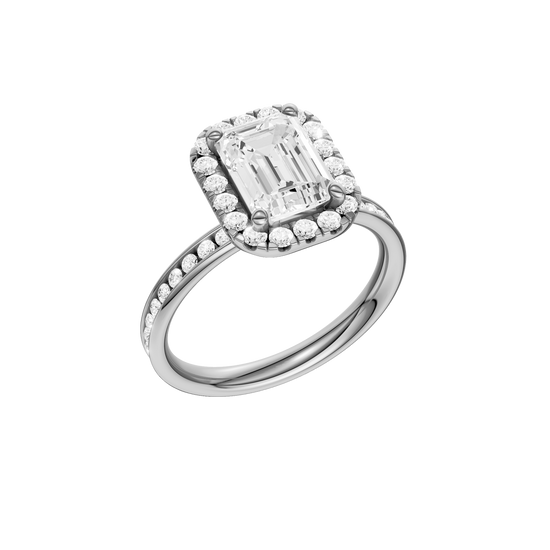 14K white gold emerald cut halo engagement ring angled view showcasing emerald center stone, halo sparkle and channel set band.
