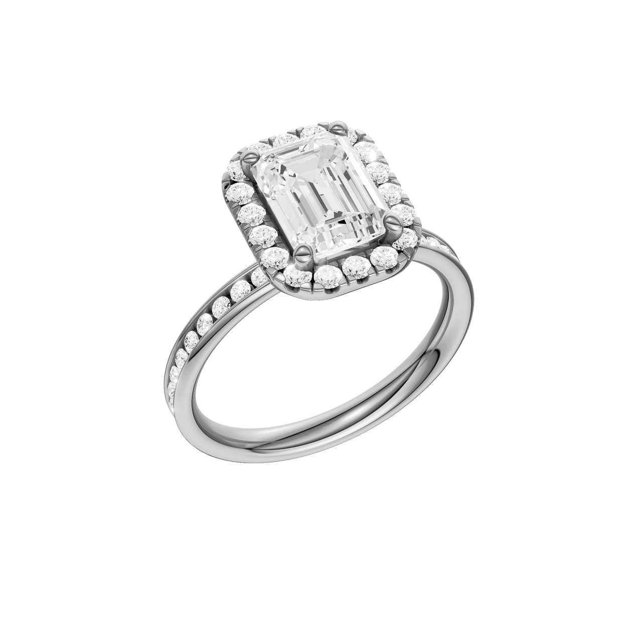 14K white gold emerald cut halo engagement ring angled view showcasing emerald center stone, halo sparkle and channel set band.