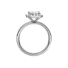 14K white gold emerald cut halo engagement ring full band view with diamond channel band and elevated halo.