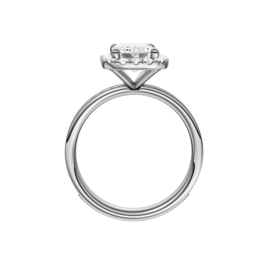 Platinum emerald cut halo engagement ring full band profile showing continuous channel set diamonds and cathedral mounted halo center.