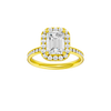 14K yellow gold emerald cut halo engagement ring with emerald center diamond, round halo and diamond channel band, front view.