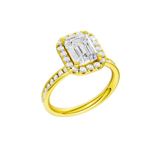 14K yellow gold emerald cut halo engagement ring angled view showing emerald center diamond, halo and channel set diamonds.