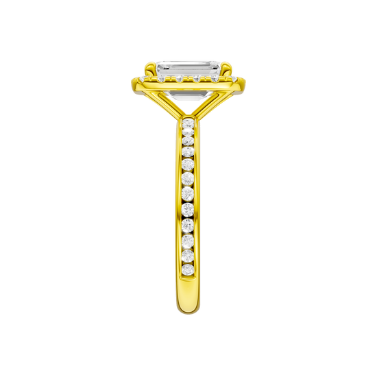 14K yellow gold emerald cut halo engagement ring side profile highlighting cathedral setting and channel set diamonds.