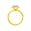 14K yellow gold emerald cut halo engagement ring full band profile featuring emerald halo center and channel set band.