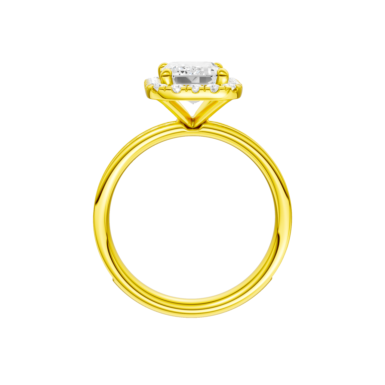 14K yellow gold emerald cut halo engagement ring full band profile featuring emerald halo center and channel set band.