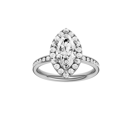 Platinum marquise halo engagement ring featuring a marquise center diamond surrounded by a round diamond halo with a channel set diamond band and cathedral setting, front view.