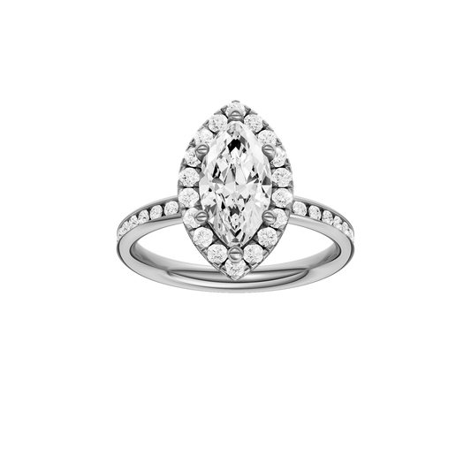 14K white gold marquise halo engagement ring with marquise center diamond, round halo and channel set diamond band, front view.