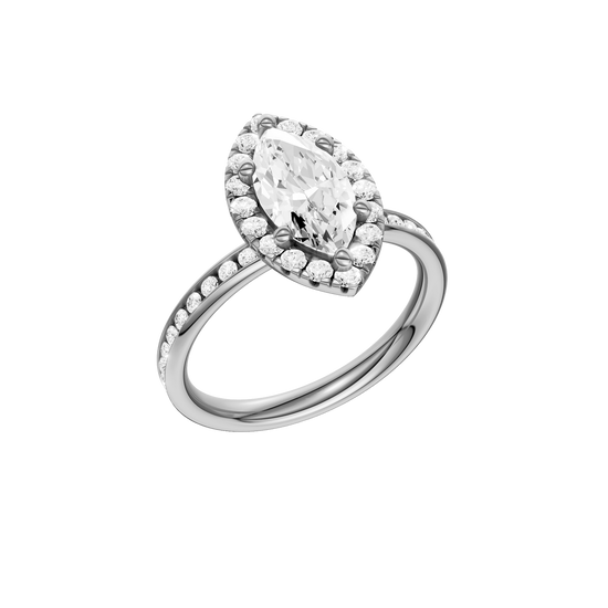 14K white gold marquise halo engagement ring angled view showcasing marquise center stone, halo sparkle and channel set band.