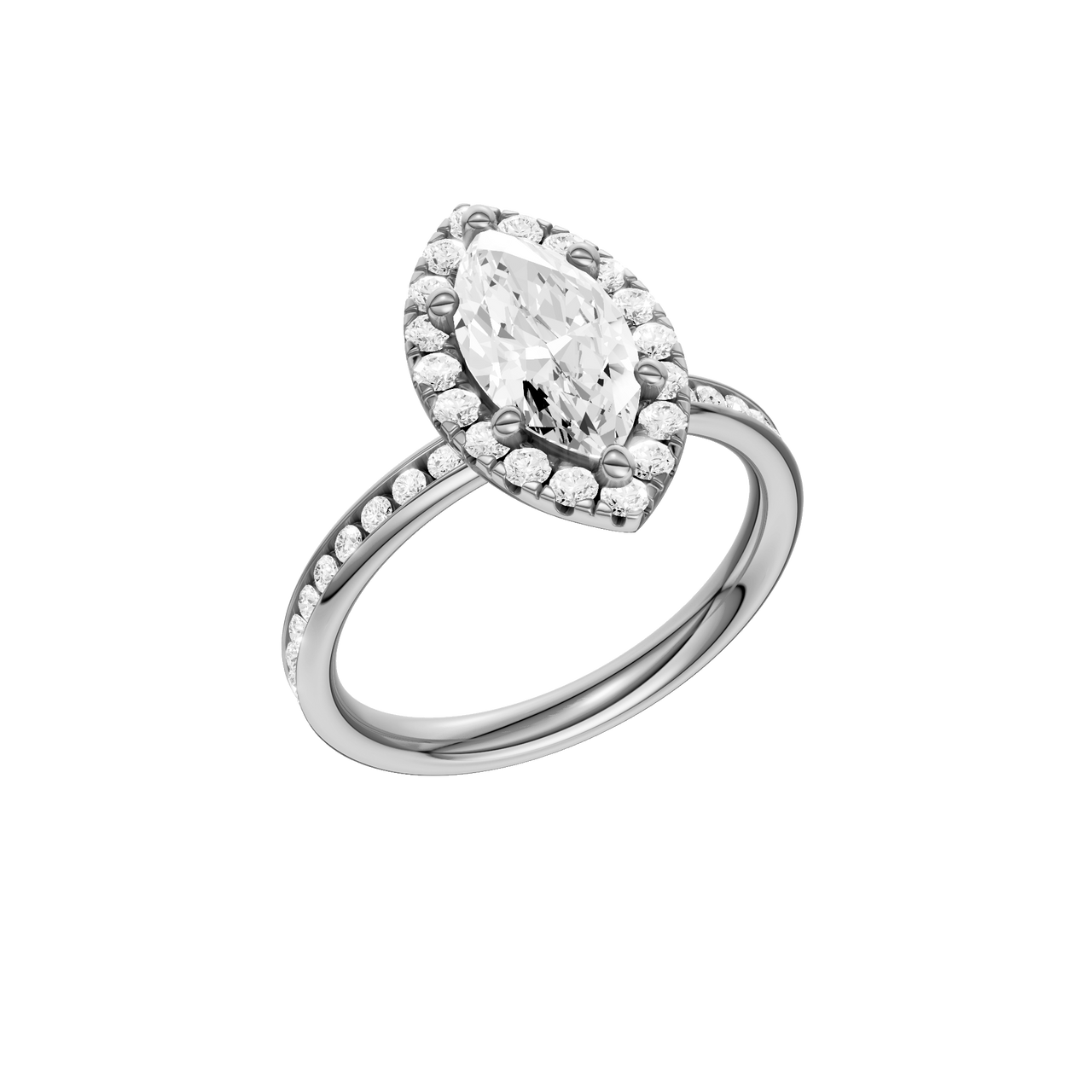 14K white gold marquise halo engagement ring angled view showcasing marquise center stone, halo sparkle and channel set band.