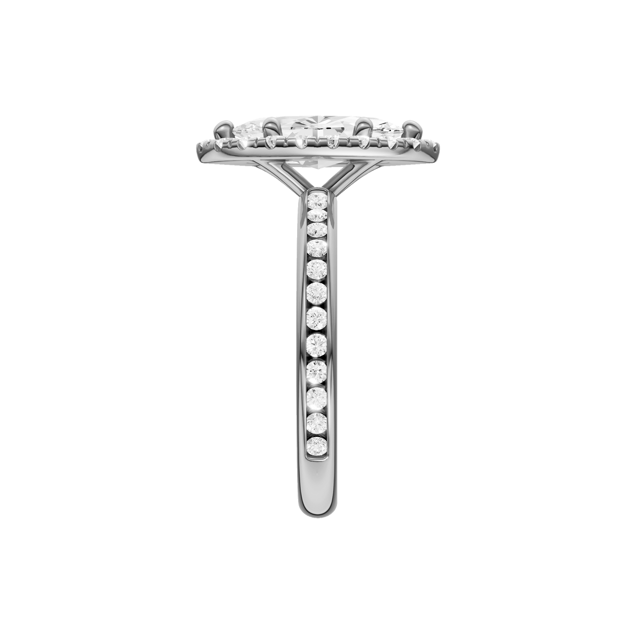 Platinum marquise halo engagement ring side profile showing cathedral setting, elevated halo and channel set diamonds along the band.