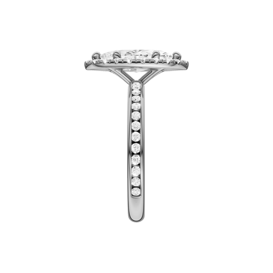 14K white gold marquise halo engagement ring full band view with diamond channel band and elevated halo.