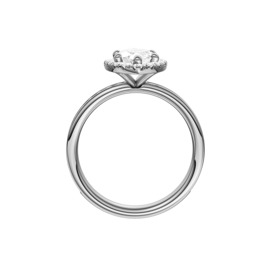 Platinum marquise halo engagement ring full band profile showing continuous channel set diamonds and cathedral mounted halo center.