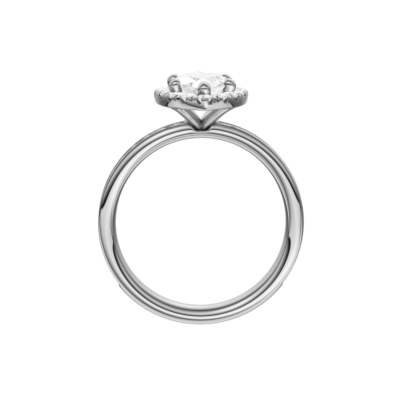 14K white gold marquise halo engagement ring side view detailing cathedral structure and diamond channel band.