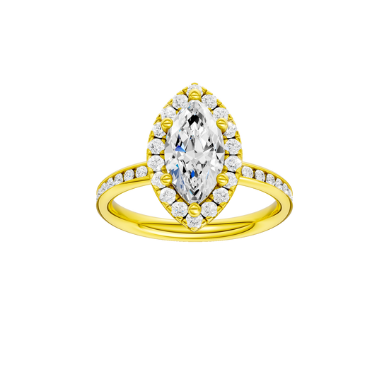 14K yellow gold marquise halo engagement ring with marquise center diamond, round halo and diamond channel band, front view.