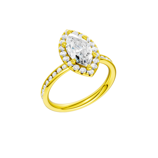 14K yellow gold marquise halo engagement ring angled view showing marquise center diamond, halo and channel set diamonds.