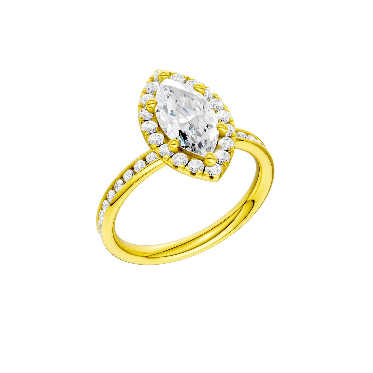 14K yellow gold marquise halo engagement ring angled view showing marquise center diamond, halo and channel set diamonds.