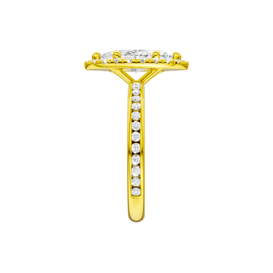 14K yellow gold marquise halo engagement ring full band profile featuring marquise halo center and channel set band.