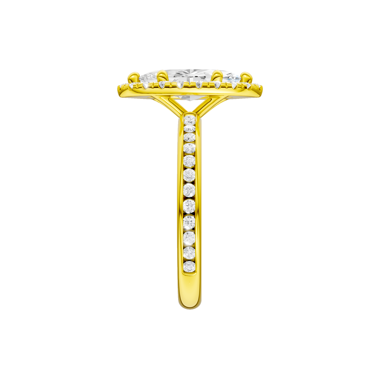 14K yellow gold marquise halo engagement ring full band profile featuring marquise halo center and channel set band.