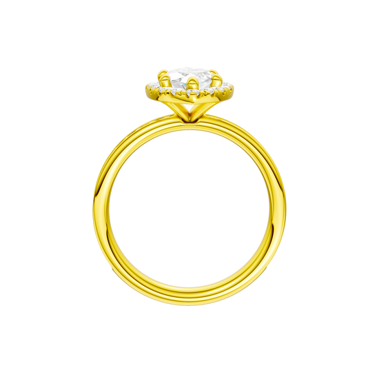 14K yellow gold marquise halo engagement ring side profile highlighting cathedral setting and channel set diamonds.