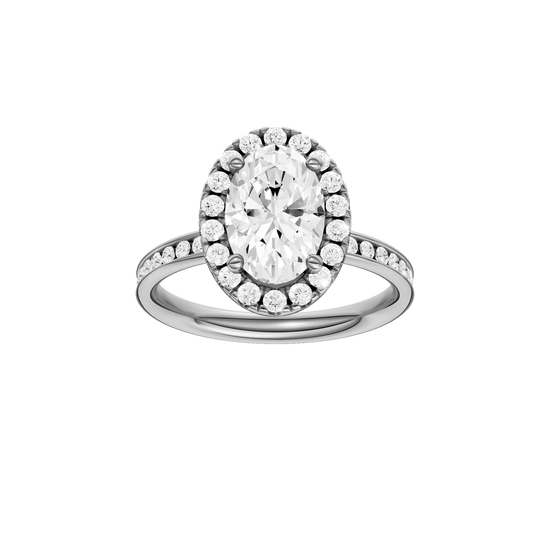 Platinum oval halo engagement ring featuring an oval center diamond surrounded by a round diamond halo with a channel set diamond band and cathedral setting, front view.